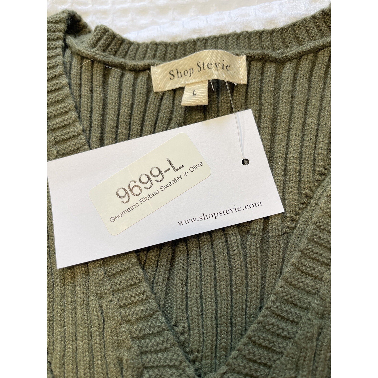 Shop Stevie Sweater Geometric Ribbed Olive Short Puffed Sleeve Feminine L — image 5 of 8
